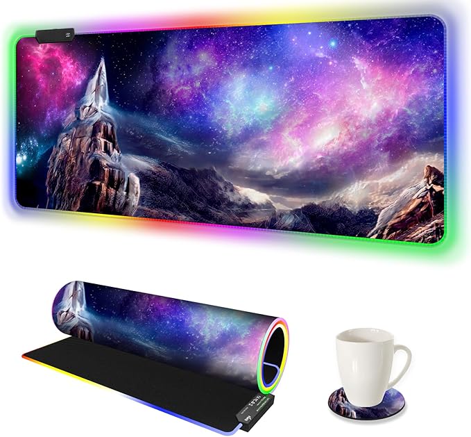 ARTSO RGB Gaming Mouse Pad Large Extended Soft Led Mouse Pad with 14 Lighting Modes 2 Brightness Water Resist Keyboard Pad Computer Mousepads Mat 35.4x15.7inch Starry Mountains