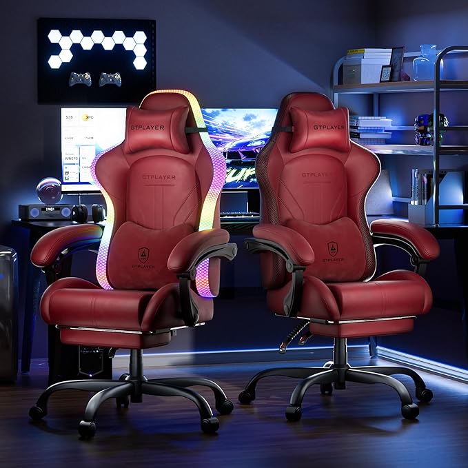 GTPLAYER Gaming Chair Computer Chair with RGB LED Lights High Back Ergonomic Chair for Adults with Footrest Reclining Office Chairs Linkage Armrest Wine Red