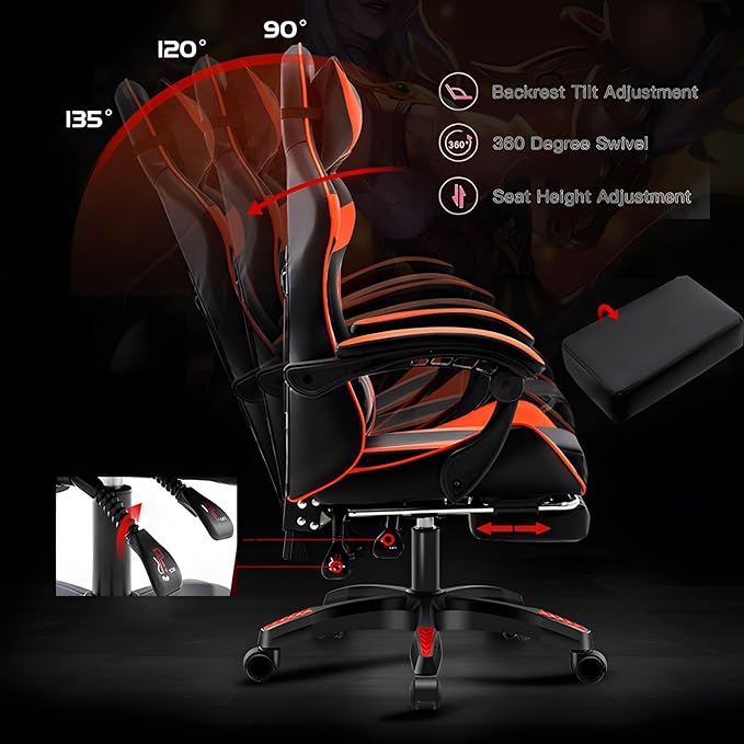 Ergonomic Gaming Chair with FootrestPu Leather Video Game Chairs for Adults 360°Swivel Adjustable Office ChairComfortable Game Lumbar Headrest Backrest RecliningPink+WhitePedals