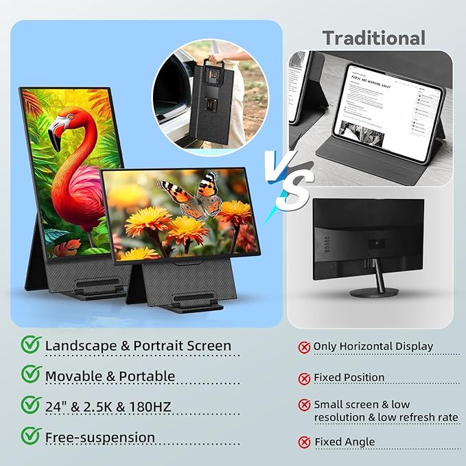 24 180Hz Gaming Monitor 2.5K 2560x1440 QHD Fast IPS 112.5% sRGB Large Portable Monitor Height &amp Rotation Adjustable Stand Type-C HDMI Eye Care External Screen for Laptop Phone PS4&amp5 Switch