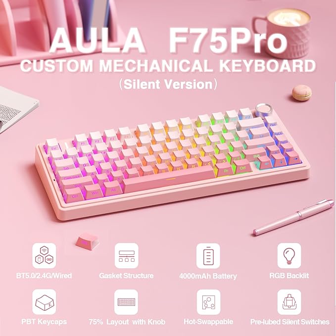 AULA F75 Pro Wireless Mechanical Keyboard Silent Version75% Hot Swappable Custom Keyboard with KnobRGB BacklitPre-lubed SwitchesSide Printed PBT Keycaps2.4GHz/USB-C/BT5.0 PC Gaming KeyboardsPink
