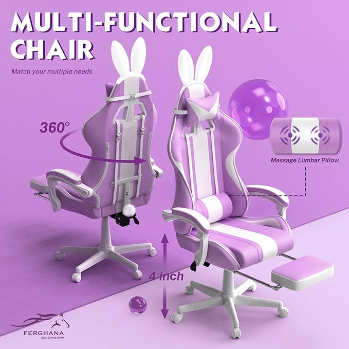 Ferghana Kawaii Light Purple Gaming Chair with Bunny Ears Ergonomic Cute Gamer Chair with Footrest and Massage Racing Reclining Leather Computer Game Chair 250lbs for Girls Adults Teens Kids