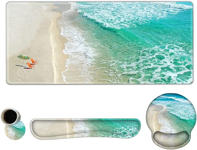 ARTSO Large Mouse Pad Ergonomic Keyboard Wrist Rest Support Combo Non-Slip Memory Foam Gel Extended Desk Mat Protector Ocean Beach Sunbathing