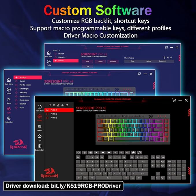 Redragon Portable Wireless Gaming Keyboard Bluetooth/2.4GHz/USB-C Wired RGB Backlit 60% Mini Quiet Macro Membrane Keyboard Rechargeable 4000mAh Battery Anti-Ghosting for Win/MAC