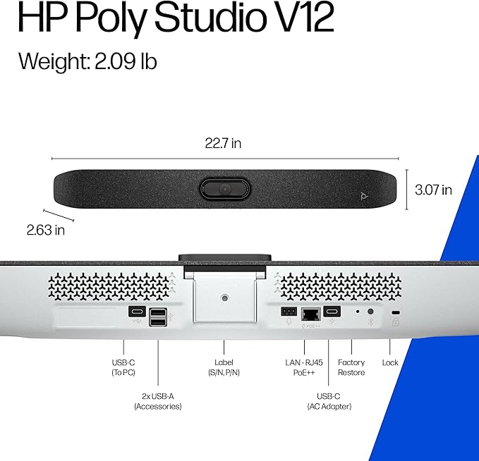Poly Studio V12 – USB Video Bar for Small Rooms - 4K 20MP Camera AI-Enhanced Audio Noise Cancellation Poly Lens Management - Microsoft Teams Zoom &amp Google Meet Compatible - Thoughtfully Made