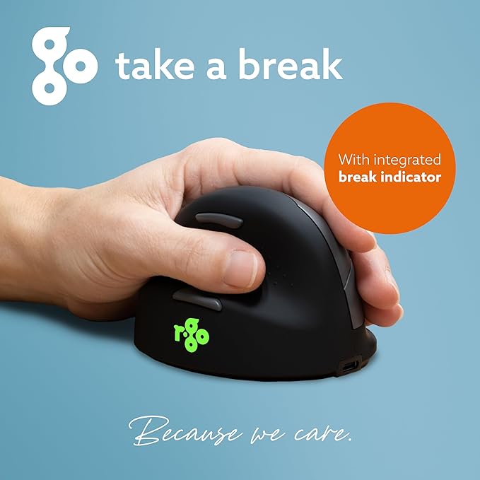 R-Go HE Ergonomic Mouse for Left Hand Bluetooth 5.0 Silent Click Vertical Design with Break Software Anti Carpal Tunnel Rechargeable Wireless Mouse for Windows/Mac Customisable Buttons Black
