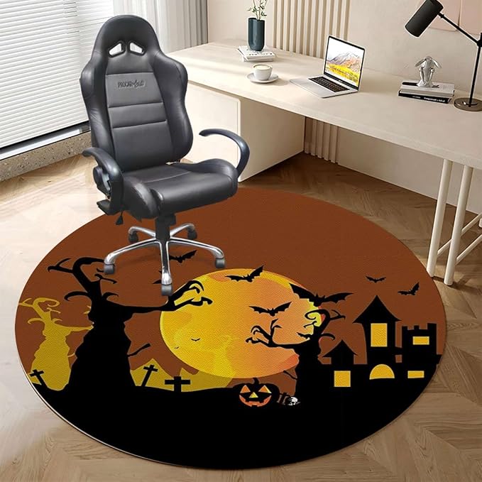 Orange Black PU Leather Chair Mat for Hard Floors Spooky Carved Halloween Floor Mats Wood/Tile Protection Mat for Office &amp Home Halloween Diameter 39.4 in