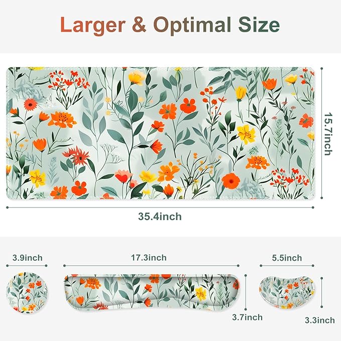 Large Gaming Mouse Pad Set 4 in 1 Ergonomics Keyboard Desk Mat Memory Foam Wrist Rest Computer PC Extended Game Mousepad Non-Slip Desk Matt Easy Typing Pain Relief I Blooming Orange Florals