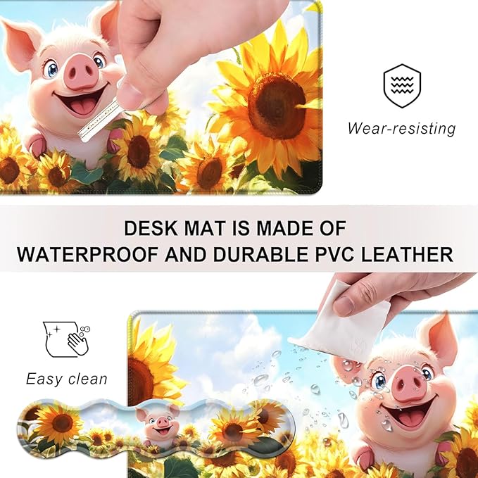 Mouse PadLarge Desk Mat Set 4in1 XL Mousepad + Keyboard Wrist Rest+Mouse Wrist Rest+Coaster with Ergonomic Desk Pad for Home Office Table Computer Cover -Pig in Sunflower Field
