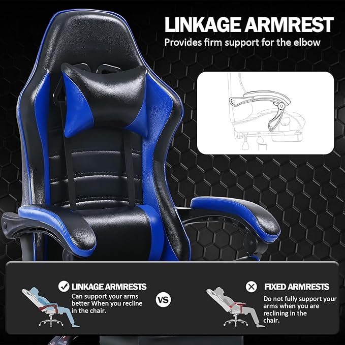 Gaming Chair - Premium Gaming Chairs for Adults Adjustable Video Game Chairs Comfy Gamer Chairs for Adults Uniquely Designed VTech Gaming Office Silla Gamer (Black+Blue)