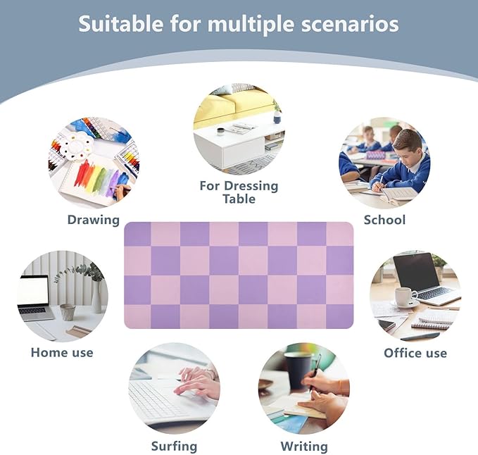 Mouse Pad Desk Mat Leather Desk Pad Large Gaming Desk Cover Protector Mat for Keyboard Computer Laptop Office Waterproof 35.4 x 16.5 Inch Checkered Purple