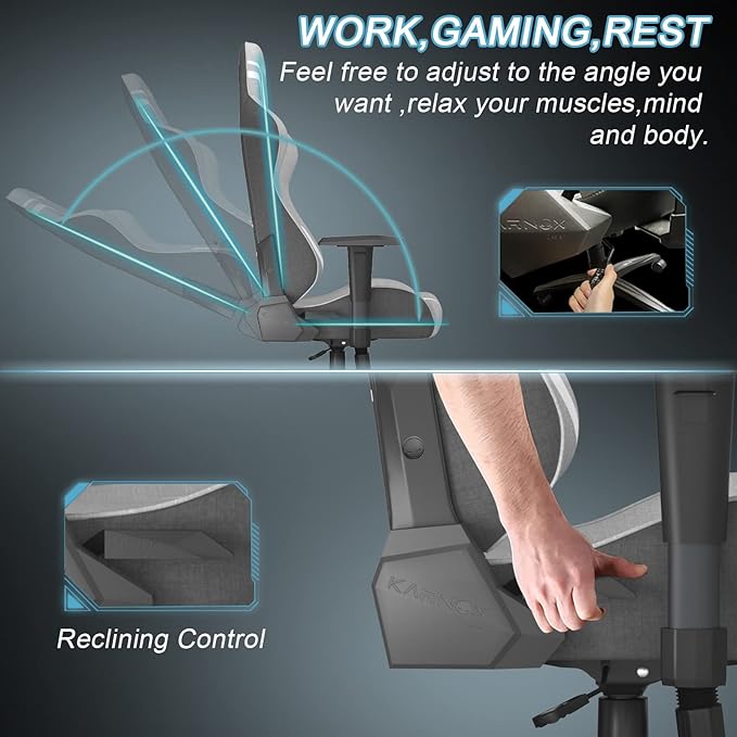KARNOX Gaming Chair Ergonomic Computer Chair Lumbar Support Office Chair Adjustable Reclining Desk PC Chair with Armrest and Headrest for Adults Comfortable Racing ChairSilver Grey