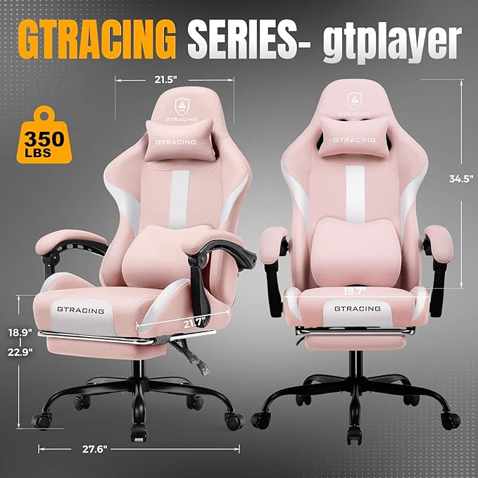 GTPLAYER Gaming Chair with Foot Rest &amp Pocket Spring Cushion Ergonomic High Back Computer Desk Chair with Headrest &amp Lumbar Support for Back Pain Relief Breathable Fabric Pink