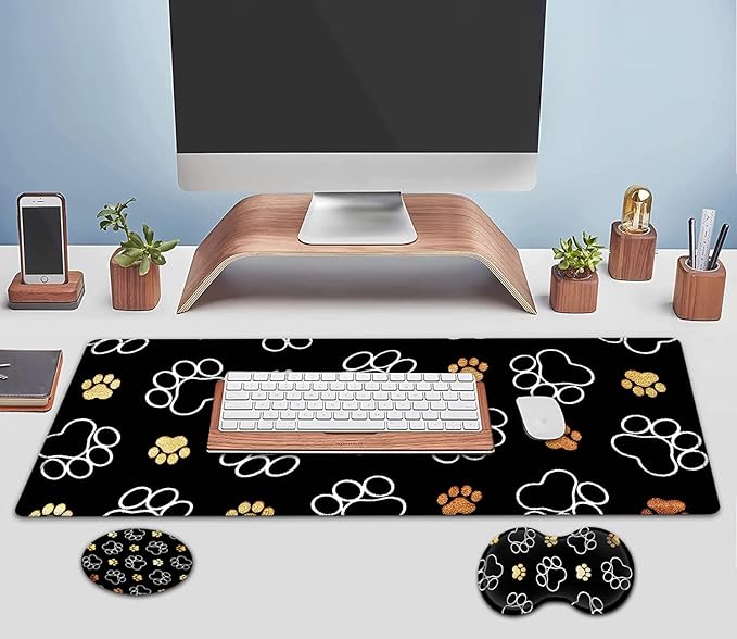 Large Mouse Pad Extended Office Desk Pad 31.5x11.8in Ergonomic Memory Foam Mouse Wrist Rest Support for Home Office Computer Writing Pad Gold White Cute Dog Paws Prints XXL Black Gaming Mouse Mat