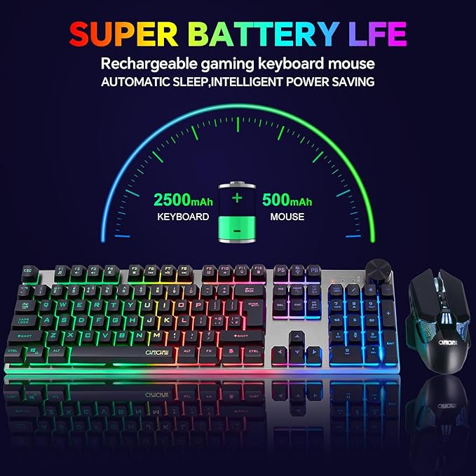Wireless Gaming Keyboard with knob and Mouse Combo USB Dongle 2.4G Rechargeable 3000mAH Battery RGB Backlit Stainless Panel 4200DPI Side Button Mice for PC Laptop Compatible with Windows 8/9/10 MacOS