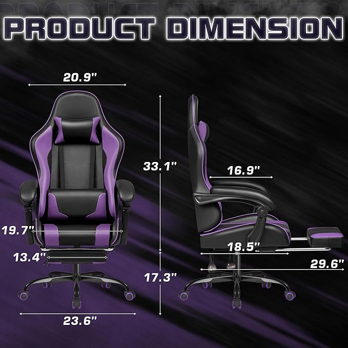Homall Gaming Chair Video Game Chair with Footrest and Massage Lumbar Support Ergonomic Computer Chair Height Adjustable with Swivel Seat and Headrest (Purple)