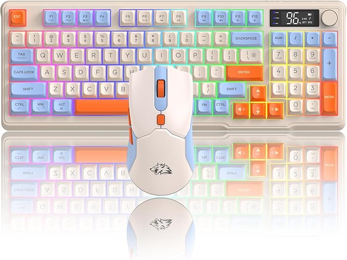 ZIYOU LANG T96 Wireless Gaming Keyboard and Mouse ComboDual Bluetooth/2.4G RGB Backlit Mechanical Feeling Keyboard with Smart Display &amp Knob4000 DPI Gaming Mouse for PC Laptop Mac Wins-Blueberry