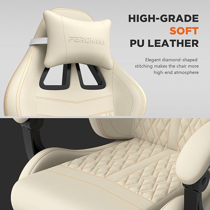 Ferghana Vintage PU Leather Gaming Chair Ergonomic Gamer Chair with Massage High Back Computer Office Chair with Footrest for Adults Racing Style Reclining Video Game Chair (Beige)
