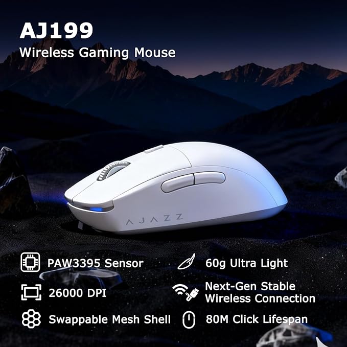FIRSTBLOOD ONLY GAME. AJ199 Wireless Gaming Mouse PAW3395 Sensor 26000 DPI 60g Ultra-Lightweight with Interchangeable Shell 80M Clicks 50+ Hours Battery for FPS/MOBA Gaming (White)