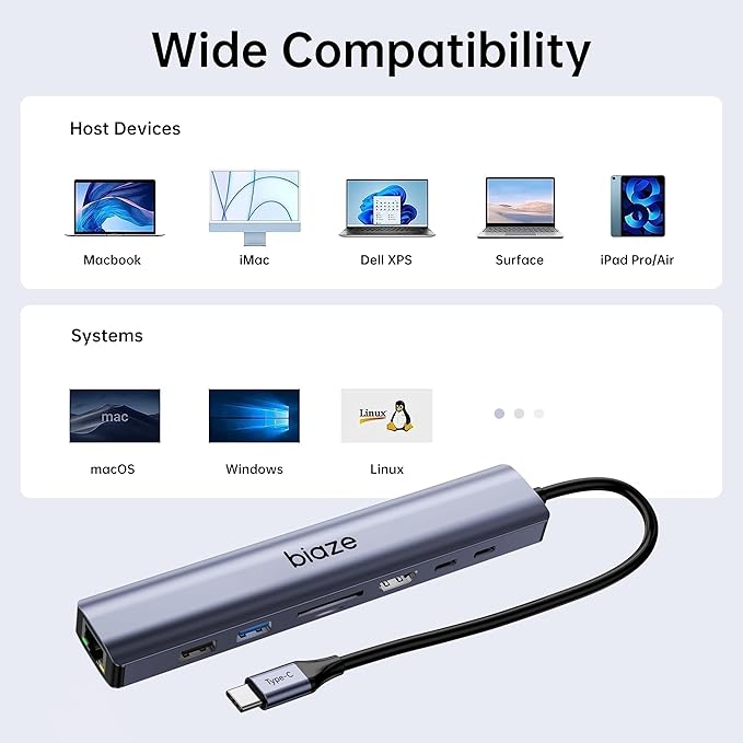 8-in-1 USB-C Hub for MacBook Pro with 4K HDMI Adapter Supporting 100W PD Fast Charging 100Mbps Ethernet 2 USB 3.0 Ports and SD/TF Card Reader. Compatible with MacBook and Type-C laptops.