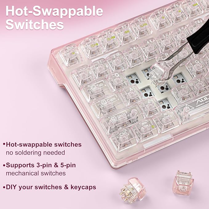 F98 Pro 95% Hot-Swappable Mechanical Keyboard – Transparent Keycaps RGB Backlit Gaming Keyboard Tri-Mode BT5.0/2.4G/USB-C OLED Display 4000mAh Battery Pink
