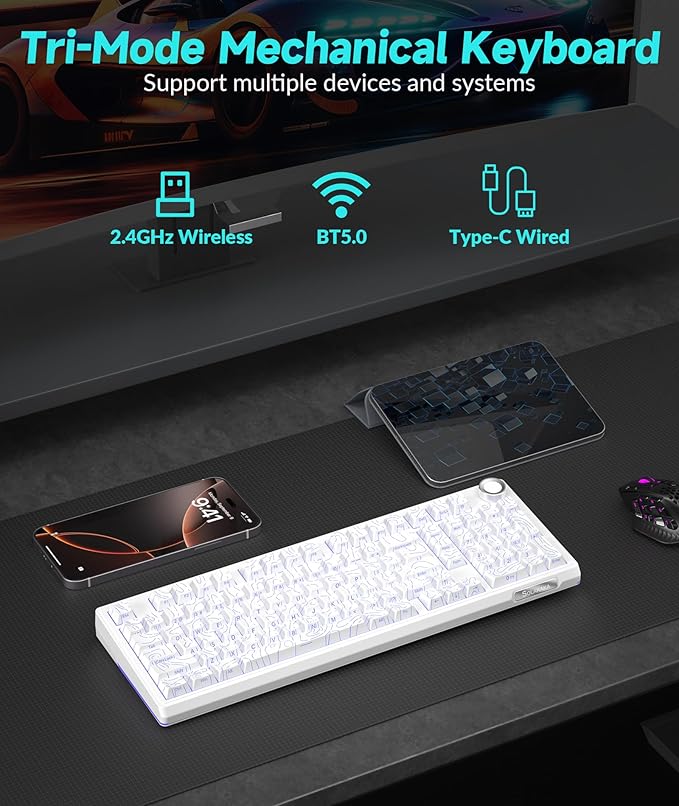 SOLAKAKA KI99 Pro 96% Wireless Mechanical Keyboard RGB Gaming Keyboard Hot-Swappable Pre-Lubed Switches Gasket Structure Creamy Keyboards (Contour-Style White Non-Silent Version)