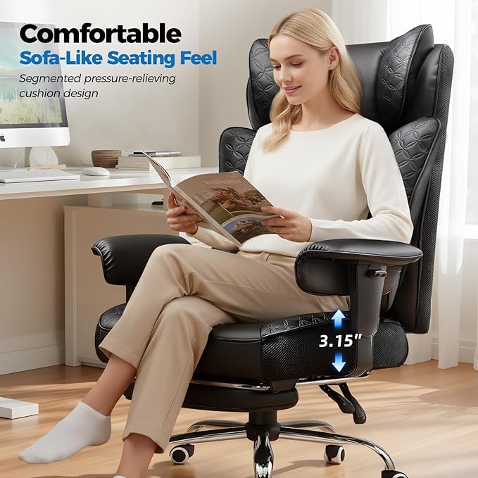 GTPLAYER Big and Tall Office Chair 400LBS Wide Ergonomic Gaming Chair with Deluxe Embossing Designed Leather with Foot Rest150°Reclining Adjustable Soft Armrests Pocket Spring Back Support and Pillow