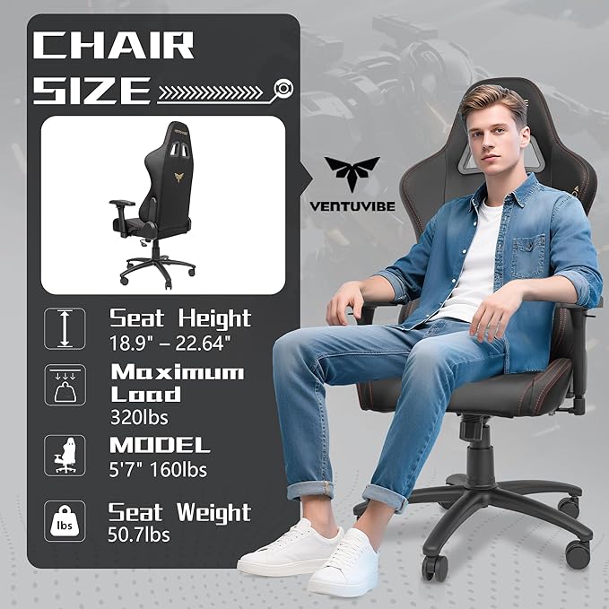 Gaming Chair 4D Adjustable Armrests - 170° Reclining &amp 320lb Capacity High Back Ergonomic Computer Chair with Lumbar Support Office Game Chair for Adults PU Black