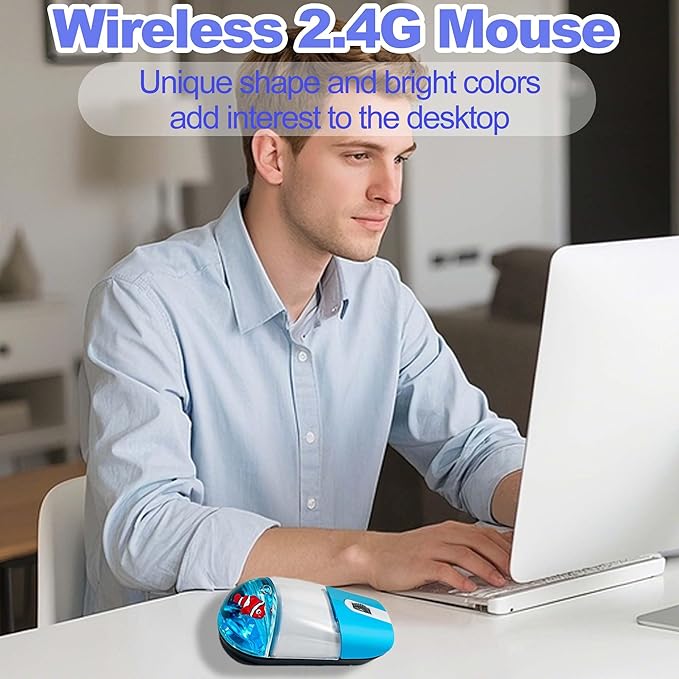 Wireless Mouse Cute Aqua Water Mouse Silent Lightweight Portable Clear Transparent Liquid Optical Retro Mouse with USB Receiver Floater Clownfish for PC Laptop Computer MacBook Kids Adult Gift(Blue)