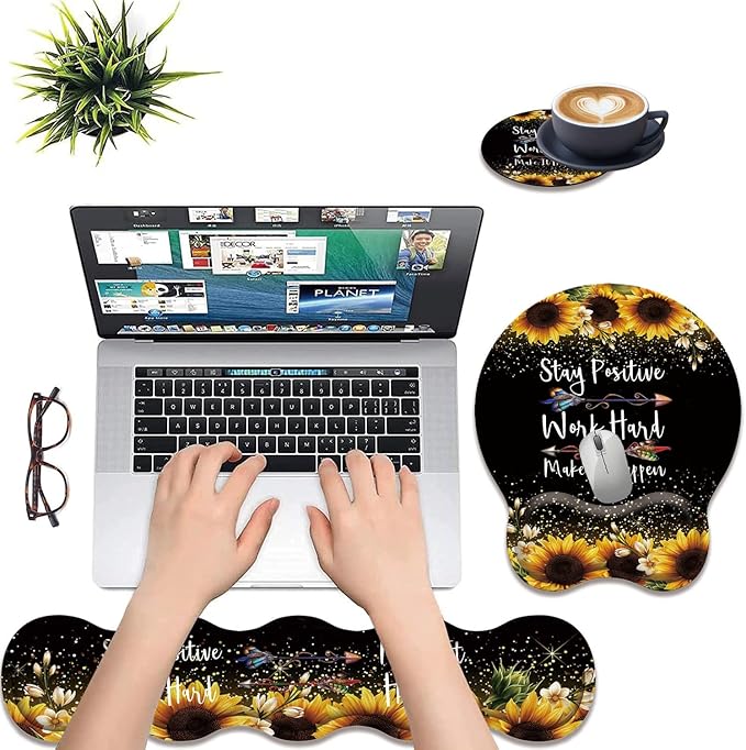 3 in 1 Keyboard Wrist Rest + Mouse Pad and Coaster Ergonomic Gel Mouse Pad and Keyboard Pad Set Comfortable Lightweight for Easy Typing Pain Relie Sunflower Inspirational Quote