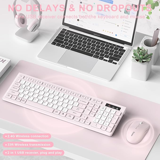 Wireless Keyboard and Mouse Combo Full-Sized Quiet Wireless Keyboard and Adjustable DPI Mouse 2.4GHz USB Receiver Keyboard and Mouse for PC Windows Desktop Laptop (Pink and White-B)