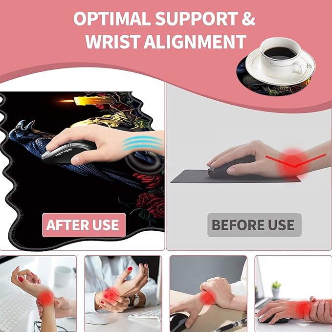 Large Gaming Mouse Pad Keyboard Wrist Rest Pad &amp Wrist Support Mousepad Set Stitched Edge Extended Non-Slip Base Memory Foam Desk Mat for Office HomeRaven on Skull