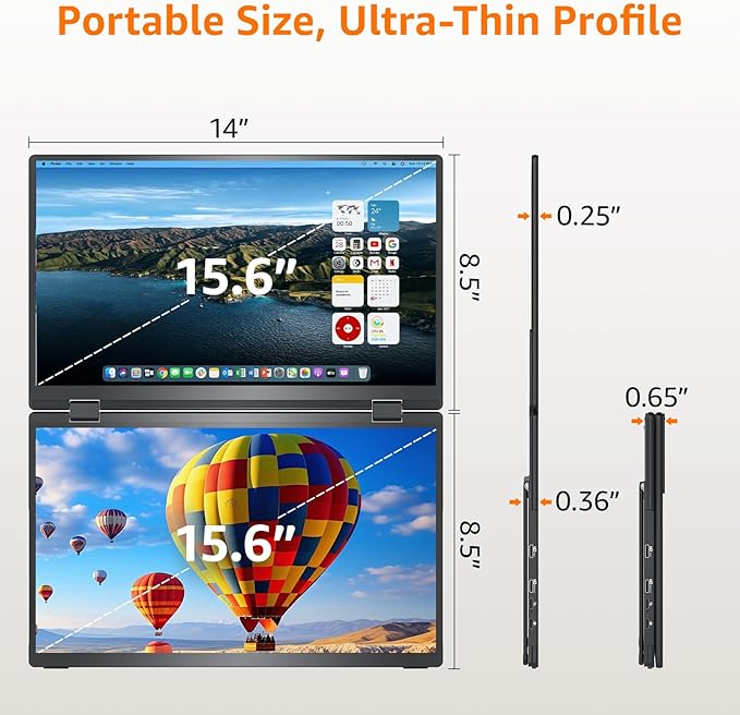 Portable Monitor Foldable Dual Screen 15.6 inch FHD 107% sRGB IPS HDMI USB-C Travel Monitor for Laptop Mac PC Windows DisplayLink Stacked Screen Extender with Kickstand VESA Compatible