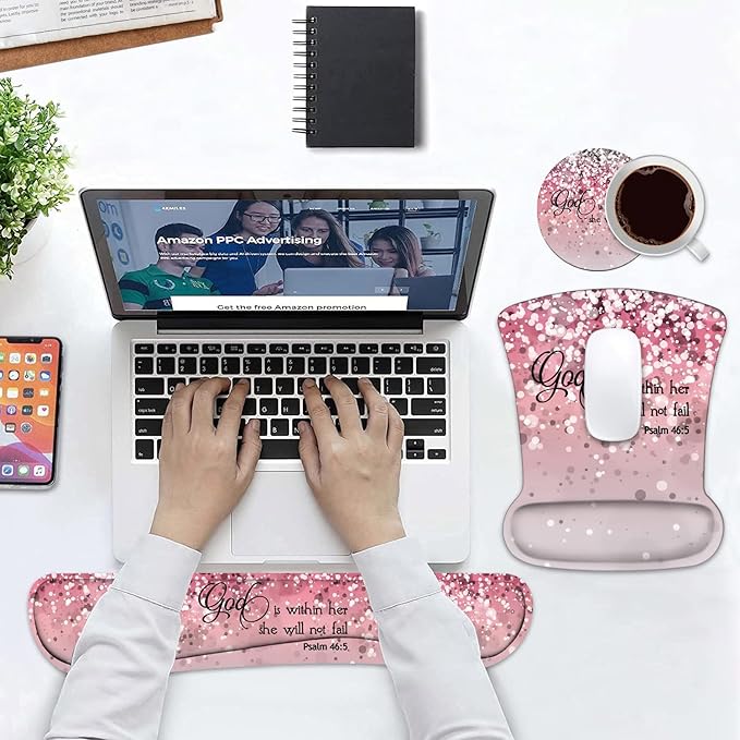 Keyboard Wrist Rest and Mouse Pad Wrist Support Set with Coasters Bible Verses Psalm 46:5 with Non-Slip PU Base Ergonomic Gaming Mousepad for Computer Laptop Home Office Easy Typing &amp Pain Relief