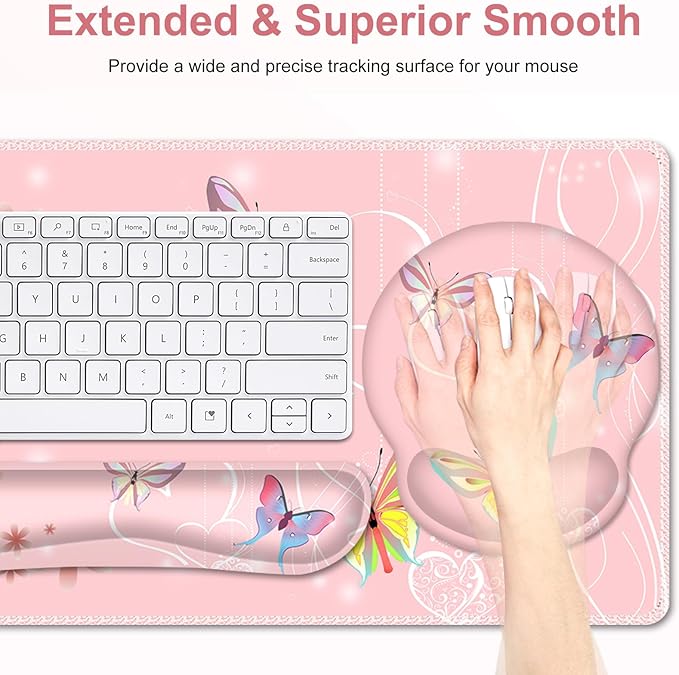 Peach Pink Butterflies Florals Mouse Pad XXL Large Desk Mat Extended Reading Desk pad 4 PCS Non-Slip Rubber Base Computer Big Mousepads for Work Game Office Home Decor Cute Girls Woemn Gifts