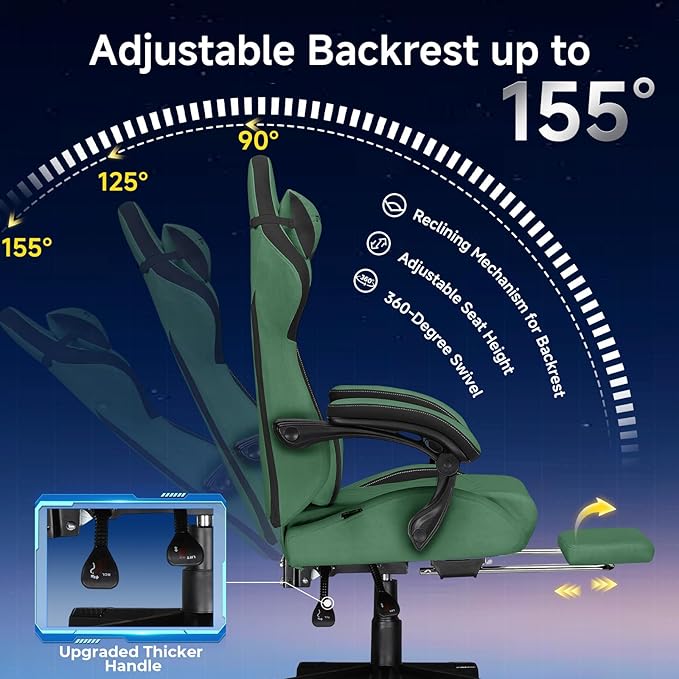 GTPLAYER Gaming Chair Video Game Chairs with Footrest and Lumbar Support Computer Chair for Adults with Extended Backrest Ergonomic Reclining Silla Gamer Fabric Green