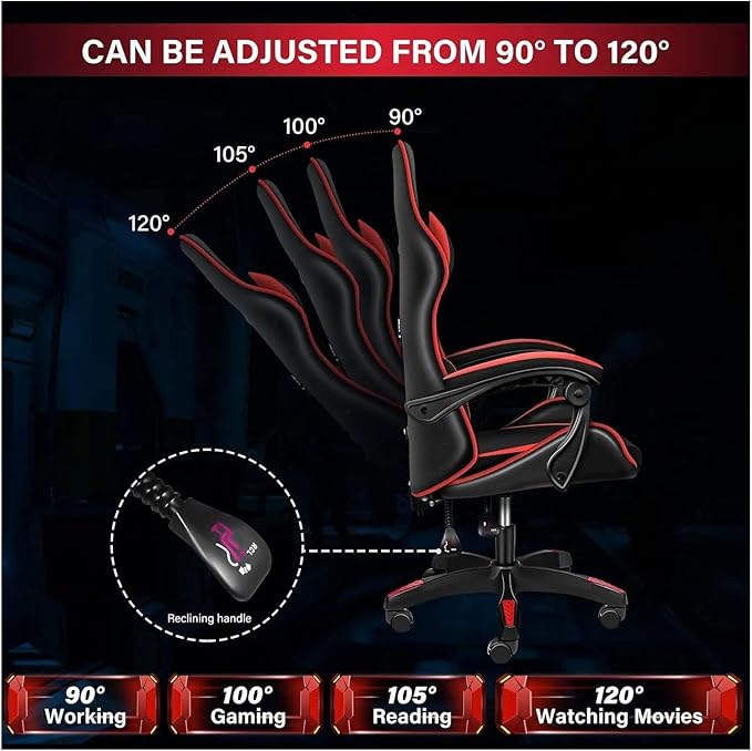 Managerial Chairs Height Adjustable Swivel Recliner Racing Office Computer Ergonomic Video Game Esports Chair W/Headrest&ampLumbar Pillow(Red)