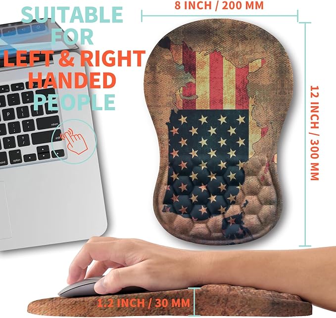 Ergonomic Mouse Pad Wrist Support with Memory Foam Massage Bulge Carpal Tunnel Pain Relief Mousepad Wrist Rest for Mouse(12x8 inch USA Flag Map)