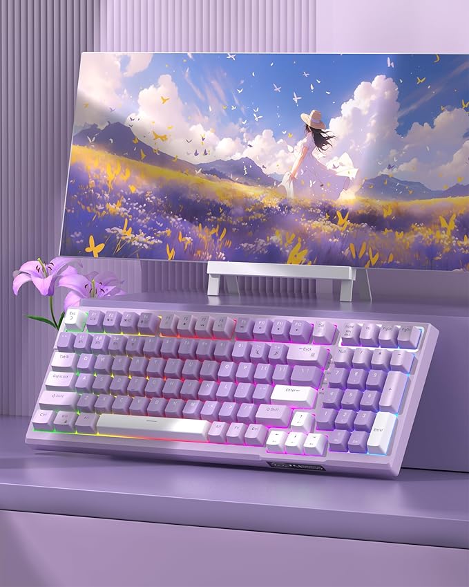 MageGee SKY98 Wireless Gasket Mechanical Gaming Keyboard 96% Hot Swappable RGB Custom Creamy Keyboard with 5-Layer Sound Padding BT/2.4G/USB-C NKRO for Win/Mac (Lavender Violet Switch)