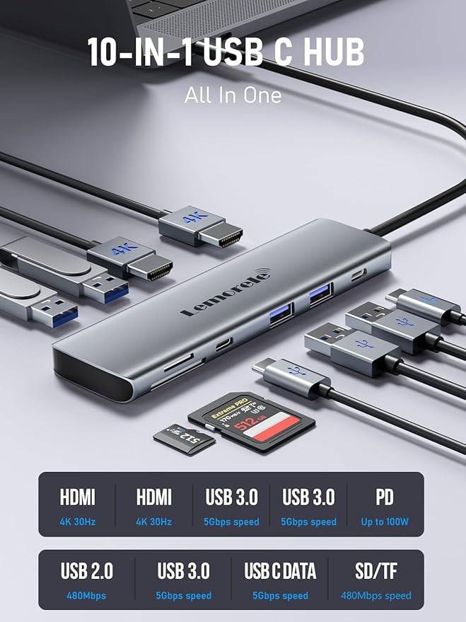 Laptop Docking Station Dual HDMI Monitor 10 in 1 USB C Hub with 2 HDMI Ports PD Charging SD/TF 5 USB C/A Ports Laptop Docking Station for Dell XPS/HP/Lenovo/Surface(MacOS only Supports SST Mode)