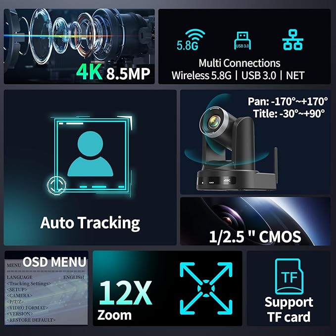 4K Wireless PTZ Camera AI Auto Tracking Wireless/USB3.0/LAN Video Conference Camera 12X Zoom Low-light Enhancement IP Live Streaming for Church Education and Conferences OBS vMIX Easy Setup