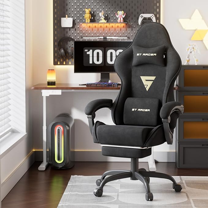 Huracan Velvet Fabric Gaming Chair with Footrest for Adults Ergonomic Gaming Chairs with Massage Lumbar Reclining Racing Computer Chair with Spring Cushion for Home Office Video Game Black