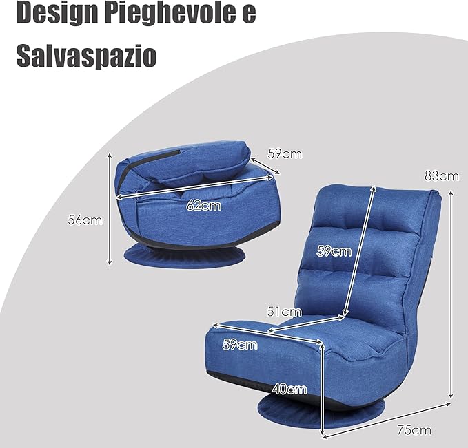ERGOMASTER Reclining Folding Floor Gaming Chair for Home Office and Lounging Reading w/ 360-Degree Swivel 5 Adjustable Positions Tufted Cushions （Blue）