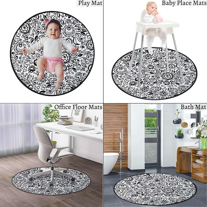 Black and White Gaming Chair Mat Under Computer Desk Floor Protector for Rolling Chairs Non Slip Anti Scratches Lace Pattern with Flowers and Floral Diameter 51 in