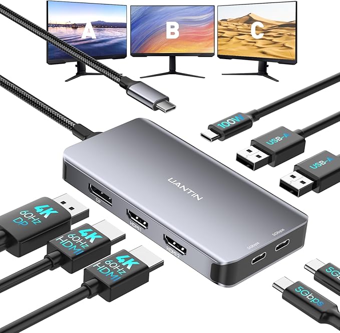 USB C Docking Station Dual Monitor Adapter Laptop Docking Station 3 Monitor Triple 4K60Hz Display with 2 HDMI 4K120Hz DisplayPort USB-A &amp USBC Data 100W PD USB C Dock for Dell HP Lenovo