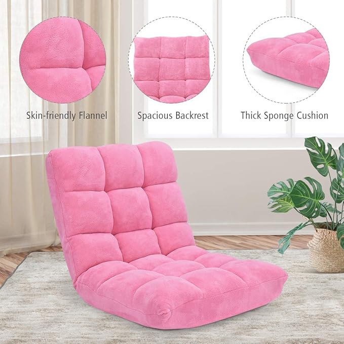 GOFLAME 14-Position Folding Floor Chair Padded Gaming Lazy Sofa Chair with Adjustable Backrest Couch Recliner Sleeper Bed Lounge Chair for Reading Gaming Meditating (Pink)