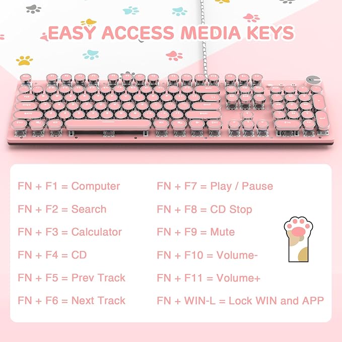 Typewriter Style Retro Wired Mechanical Gaming Keyboard Vintage Steampunk with White LED Backlit 104-Key Anti-Ghosting Blue Switch Cute Keyboard Round Keycaps Knob Control for PC/Win/Mac/Laptop