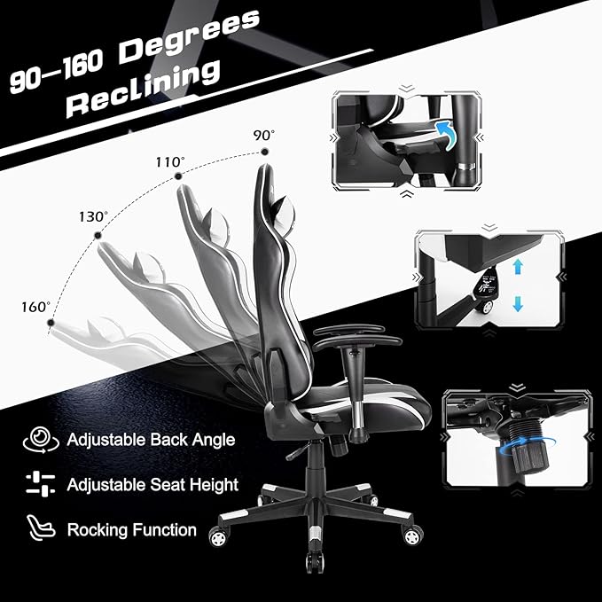 GYMAX Computer Gaming Chair Racing Style Office Chair with Adjustable Lumbar Support Headrest 360° Swivel Height Adjustable Ergonomic Reclining Gaming Chair for Home Office Leisure Room (White)
