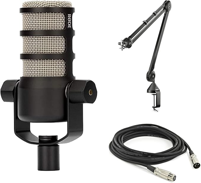 Rode PodMic Dynamic Podcast Microphone with Rode PSA1 Boom Arm XLR Cable and StreamEye Polishing Cloth