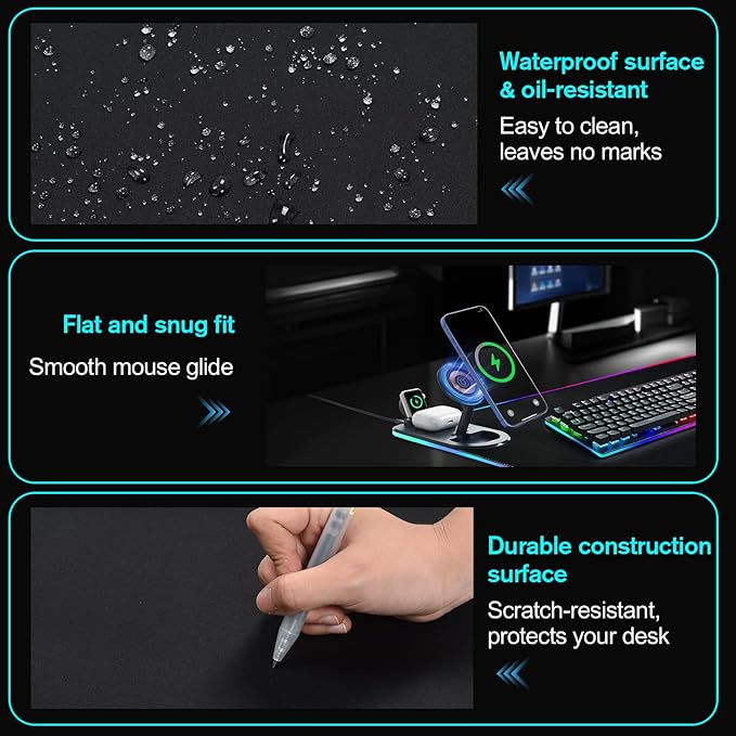 ELUTENG Mouse Pad with Phone Holder 4in1 Wireless Charging Desk Mat RGB Ultra-Smooth Gaming Mousepad Waterproof Home Office Large Desk Pad 31.5x11.81 Large Desk Pad Non-Slip Base Keyboard Pad